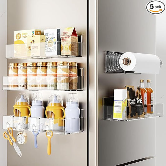 Mystozer Magnetic Spice Rack for Refrigerator, 4 Pack Magnetic Shelf and 1Pack Paper Towel Holder,Fridge Organizers and Storage Clear(5 Pack) by Mystozer