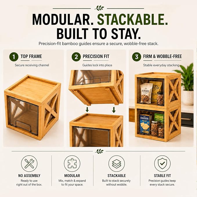 Bamboo Pantry Drawer Organizer, Stackable Pull-Out Storage Bins, 2-Pack | Countertop organizer, snack storage, coffee pod holder, pantry organization, kitchen storage - Image 6