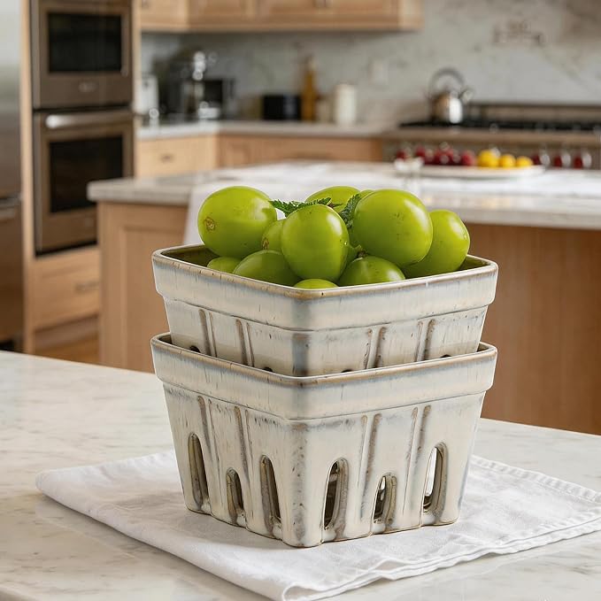 Ceramic Berry Basket, 6" Colander Set of 2 with Holes | Drainage holes help excess water flow away after washing berries, grapes, cherries, tomatoes, and fresh fruit - Image 7