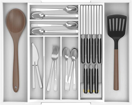 Bamboo Kitchen Drawer Organizer, Expandable Silverware Organizer with Removable Knife Block, 6-8 Slots- Utensil Holder & Cutlery Tray Drawer Dividers, 2.36" Deep for Extra Capacity, White by Thalomely