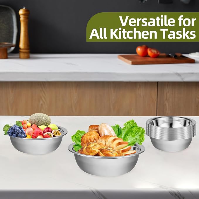 10 Pack 8.66 x 2.64 Inch Stainless Steel Mixing Bowls for Bulk Food Prep with Nesting Design for Hotel Restaurant and Home Kitchen Cooking in Silver - Image 6