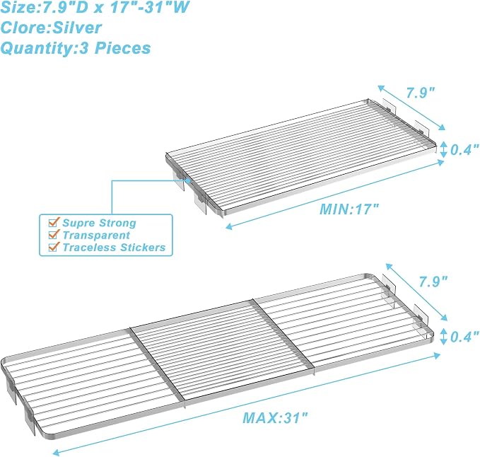 Rod Closet Shelves,Expandable-Large Metal Storage Racks,3 Packs DIY Dividers Separators for Cabinet Wardrobe Cupboard Pantry Kitchen Bathroom (Silver,7.9" D x 17"-31" W,3PCS) - Image 3