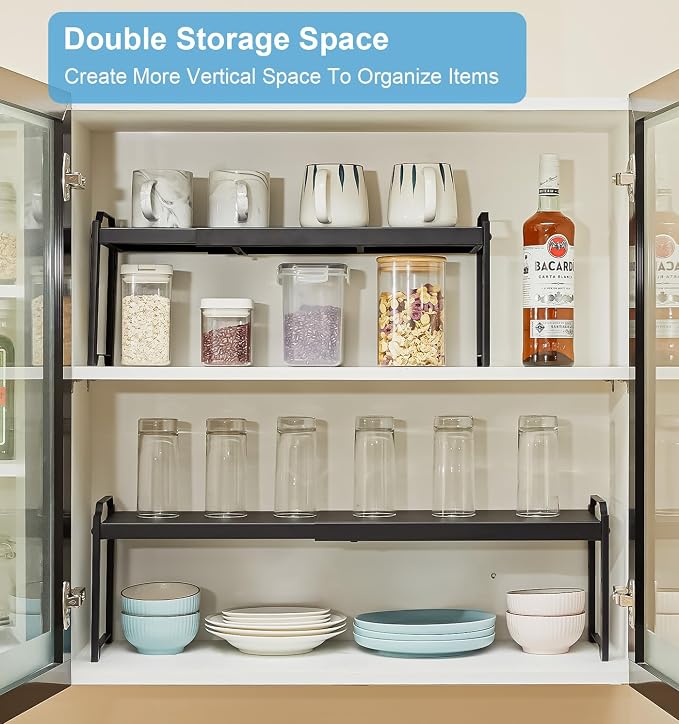 1 Pack Expandable Cabinet Countertop Shelves, Stackable Shelves Organizers For Kitchen Cabinet Countertop Storage, Adjustable Counter Cupboard Pantry Organizer Shelf Rack Stand, Length:25.5" - Image 5