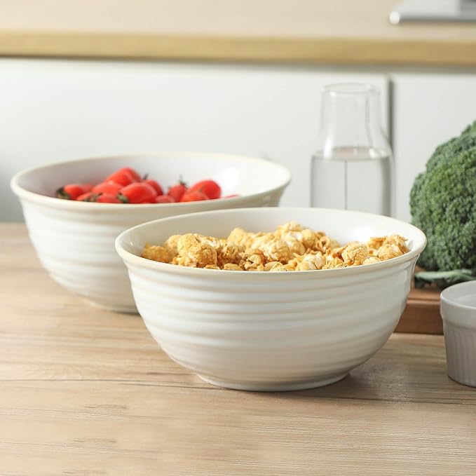 HASENSE Ceramic Serving Bowls, 8.3 Inch Large Soup Bowls for Kitchen, 60 Ounces Salad Bowls for Fruit, Ramen, Pasta, Pho, Microwave Dishwasher Safe, Set of 2, Clay-Infused White - Image 4