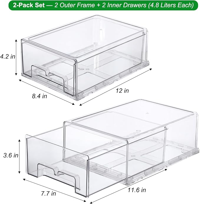 Taiuloo 2 Pack Stackable Refrigerator Organizer Bins with Pull-Out Drawer, Clear BPA-Free Food Storage Containers for Fridge Freezer, Kitchen Pantry Cabinet & Bathroom Vanity Organization - Image 2