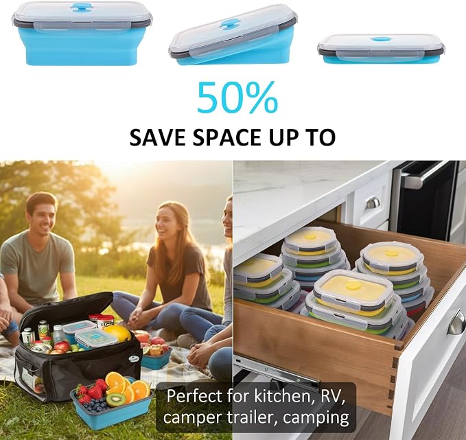 Collapsible Food Storage Containers with Lid & Air Vent, 8 Pack, 4 Rectangular + 4 Round, Annaklin Foldable Silicone Lunch Containers Collapsible Bowls Set, Microwave Freezer Dishwasher Safe, 4 Colors - Image 3