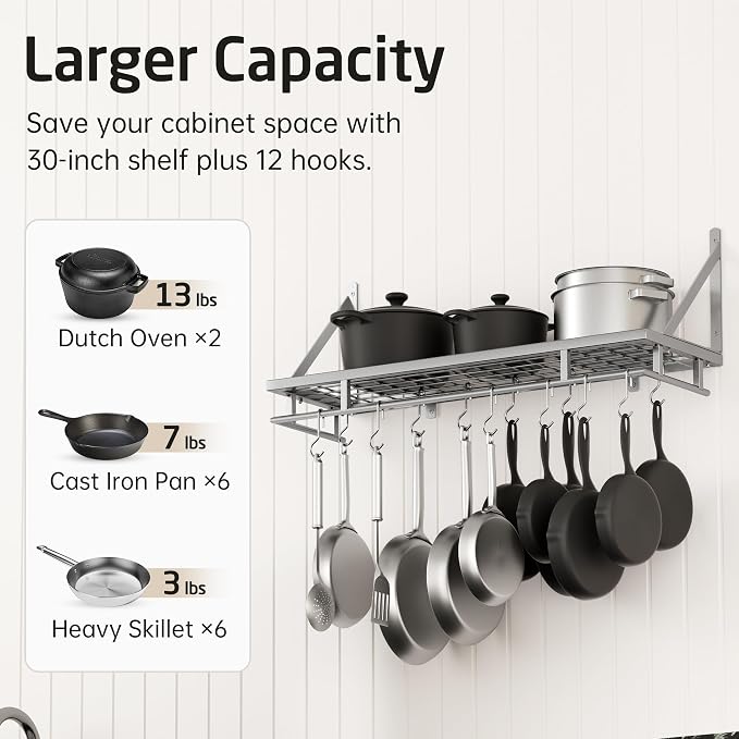 KES 30-Inch Silver Gray Pot Rack with 12 Sturdy Hooks, Wall Mounted | Holds 88 lbs, Cast Iron Pots and Pans Organizer, Kitchen Wall Hanging Hanger Shelves, Modern, KUR215S75A-SG - Image 2