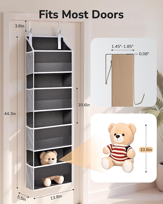 ULG 1 Pack Small Over Door Organizer with 4 Large Pockets 8 Mesh Side Pockets, Hanging Storage Organizer with Clear Window Kids Toys Deep Gray - Image 2