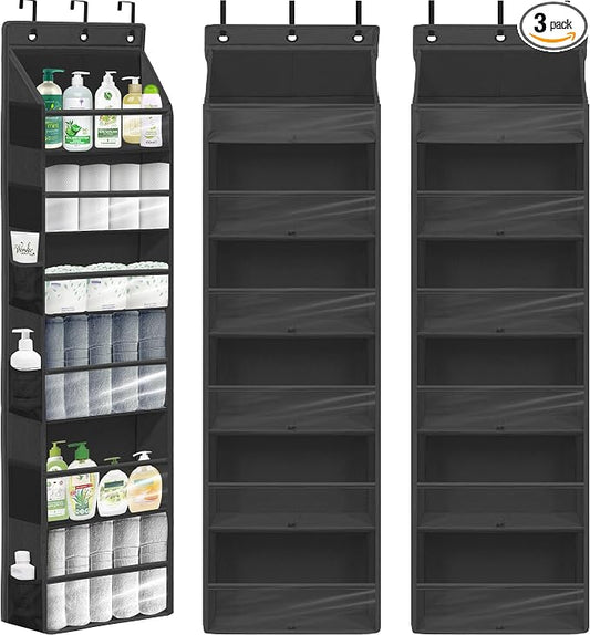 Over Door Organizer with 6 Extra Large Pockets 12 Side Pockets, Sturdy Closet Storage Rack, Hanging Storage Organizer with Clear Window for Shoes, Diaper, Bedroom, Bathroom, Black, 3-Pack by Unknown