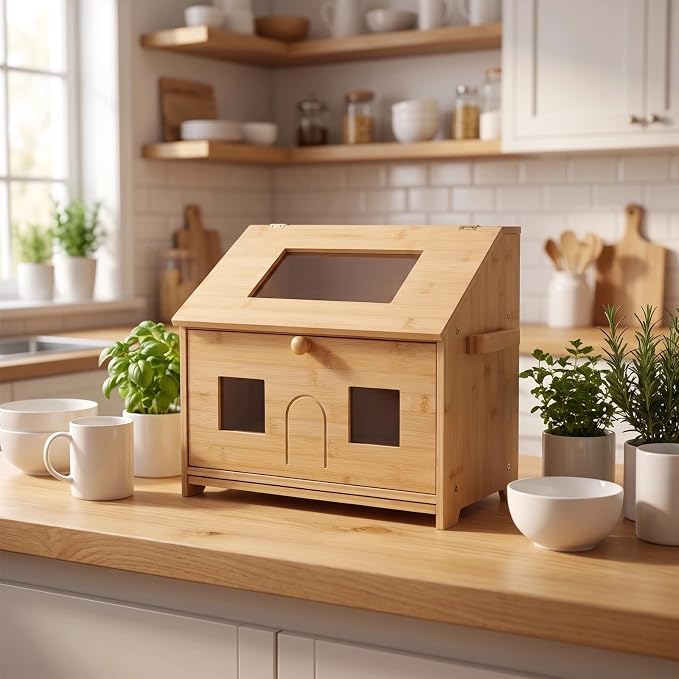 Large Bread Box for Homemade Bread: 9.1" Deep 2-Tier Fits 95% of Artisan | Countertop Storage Fit 2 Big Loaves & Multiple Pastries - Farmhouse Bamboo Contaniner with Cutting Board & Knife Holder - Image 2