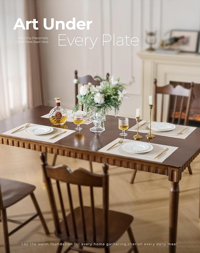 Leetaltree Beige White Placemats Set of 6 - Heat Resistant Non-Slip Place mats for Dining Table, Washable Durable PVC Vinyl Woven Table Mats(Beige White, 6) - Image 2