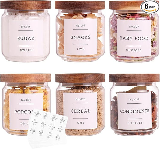 6 Set Glass Pantry Storage Jars with Acacia Airtight Lid - 15oz Thicken Glass Kitchen Canisters with 132 Pantry Labels - Clear Glass Food Storage Containers with Wood Lid for Tea,Sugar,Spice,herbs by CZZGSM
