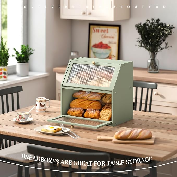 STDDRE Bread Box for Kitchen Countertop Bin Double Layer Bread Box Storage Container Extra Large Capacity Farmhouse with Diamond Pattern Windows (Green, Extra Large) - Image 3