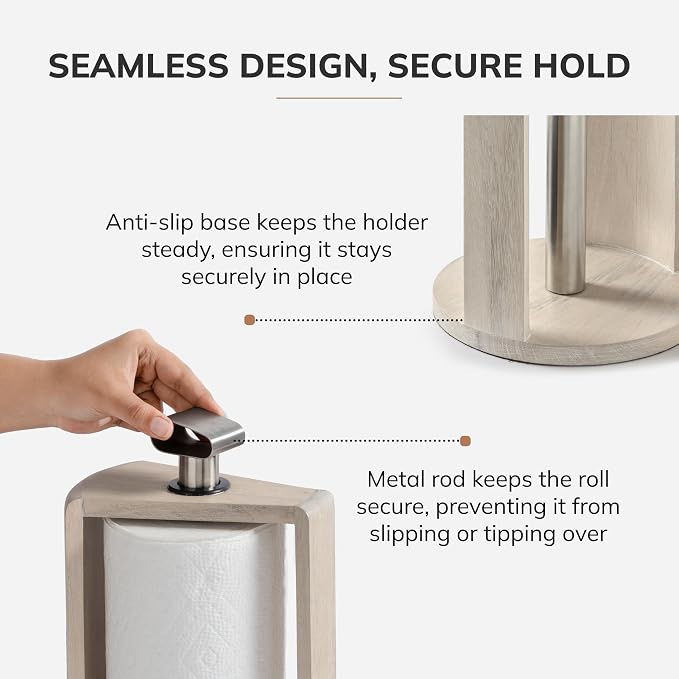 Anji Mountain Wooden Paper Towel Holder with Metal Holder, Holder Stand for Kitchen Roll Organizer & Kitchen Dining Table Home Décor, Countertop Fits Jumbo & Mega Rolls - Whitewash/Nickel, Top Load - Image 4