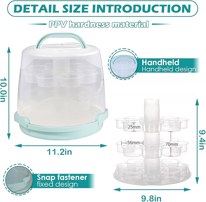 Cake Carrier Round Cake Stand Plus Height Cake Container with Cupcakes Pad, Handle, Lid Reusable Package Box for Transporting Desserts,Pie,Toast,Fruit (10" Blue) - Image 2