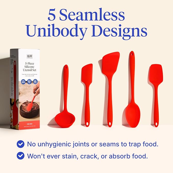GIR 5-Piece Silicone Kitchen Utensils Set, Non-Toxic Cooking Utensils for Cooking and Baking, Heat Resistant, Food Grade, Dishwasher Safe Rubber Spatula, Ladle, Spoon - Fire Red - Image 3
