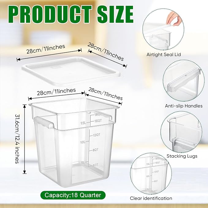 FoldTier 2 Pieces Square Food Storage Containers Polycarbonate Clear food Container with Lid Commercial Storage with Graduations for Commercial Kitchen Dough Marinating Meat (White,18 Qt) - Image 2
