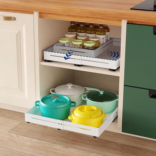 Pull out Cabinet Organizer, Full Metal Expandable Width (12.6"-20.8") & Depth (16"-24.4") Adjustable Slide out Drawers, No Drill Adhesive Roll out Shelves for Kitchen Pantry, White by AmzAgeHomeKitchen
