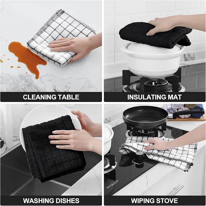 Homaxy Large Premium Cotton Kitchen Towels 16"x 28", 12 Pack, Black | Natural Ring Spun 390 GSM Dish Towels, Super Absorbent Terry Kitchen Hand Towels, Soft Tea Towels with Hanging Loop - Image 4