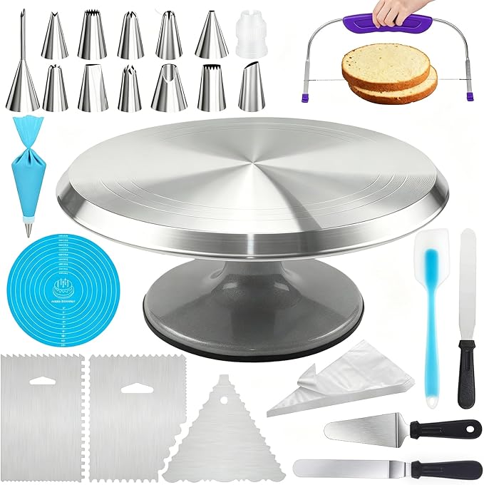Cake Decorating Supplies Kit with 12" Aluminum Rotating Cake Turntable Stand, Professional Baking Tools, Cake Leveler, Spatulas & Scrapers, Complete Kit for Birthday & Wedding Cakes(74Pcs) by Unknown