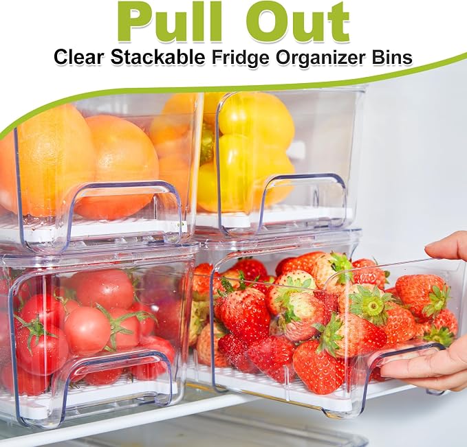 Pull Out Fridge Organizer Drawer, Stackable Refrigerator Storage Bins with Drain Tray and Lid, Clear Fruit and Vegetable Storage Containers Box, for Kitchen Freezer, 2-Pack - Image 2