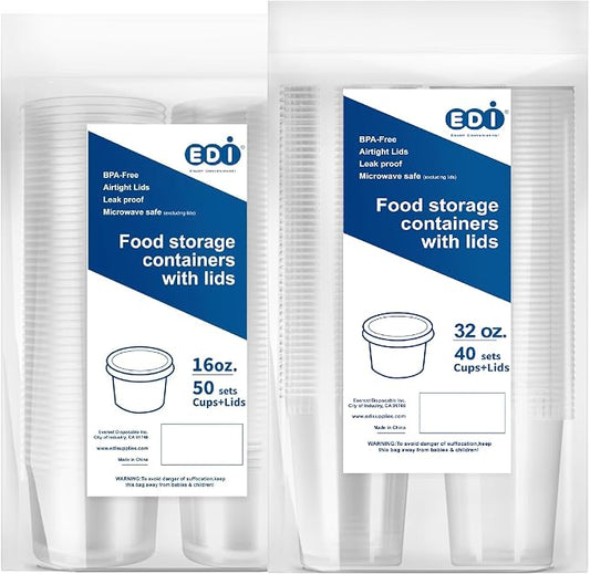 [16 OZ, 50 Sets and 32 OZ, 40 Sets Plastic Deli Food Storage Containers with Airtight Lids Bundle by EDI