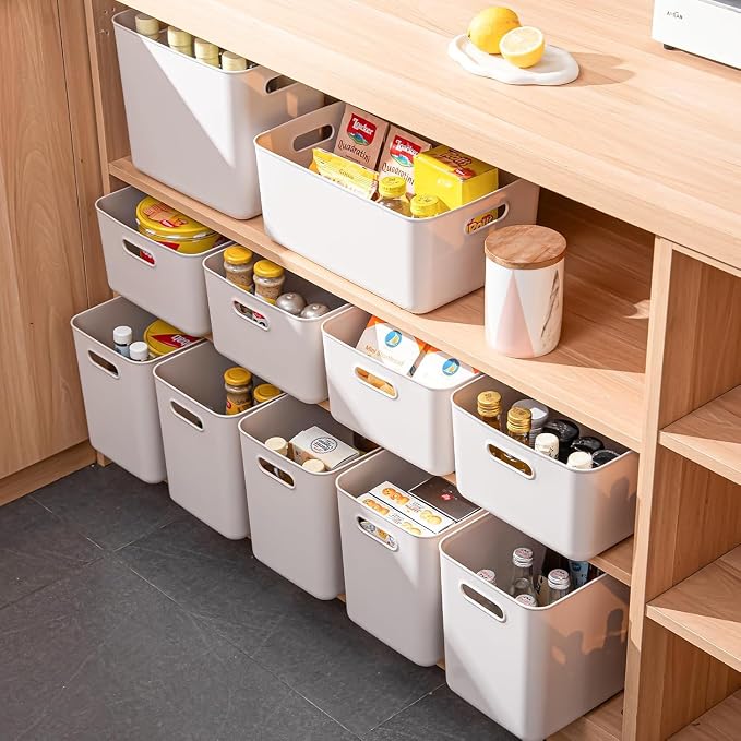 4 Piece Plastic Storage Baskets Boxes with Lids,11.8 x 8 x10 Inch Stackable Organizing Bins with Handles,White Versatile Containers for Pantry,Bathroom,Closet Shelves Desktop (White, 4XL) - Image 5