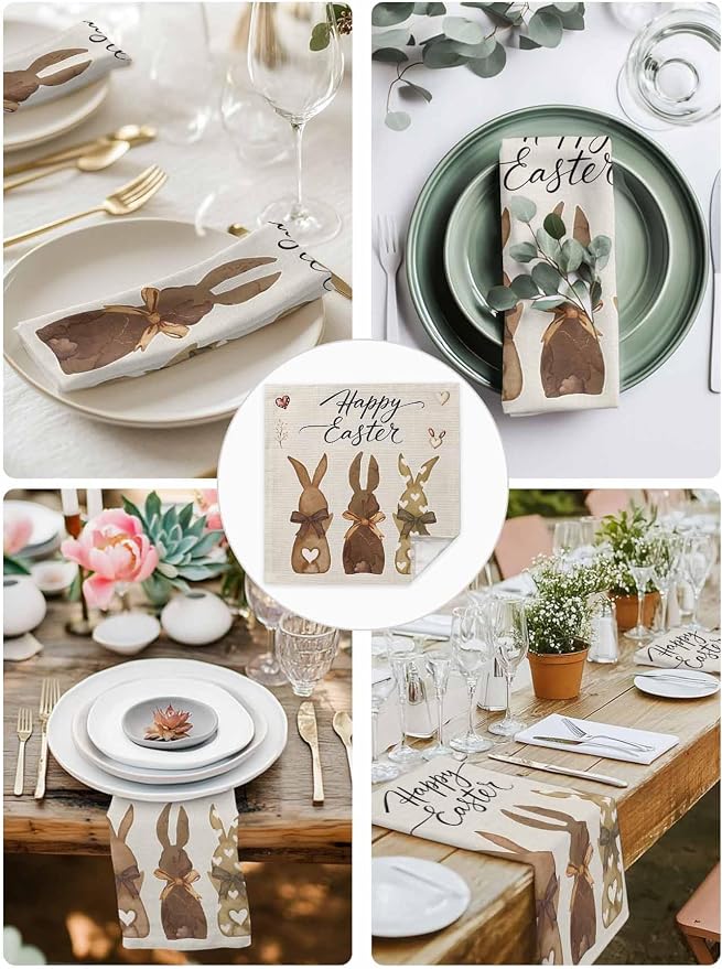 Kitchen Dinner Napkins Set of 6, Happy Easter Cloth Napkins Reusable Washable Table Napkins for Weddings Cocktail Parties Holiday Table Decor 20x20 Inch Brown Bunny Vintage Burlap Backdrop - Image 5