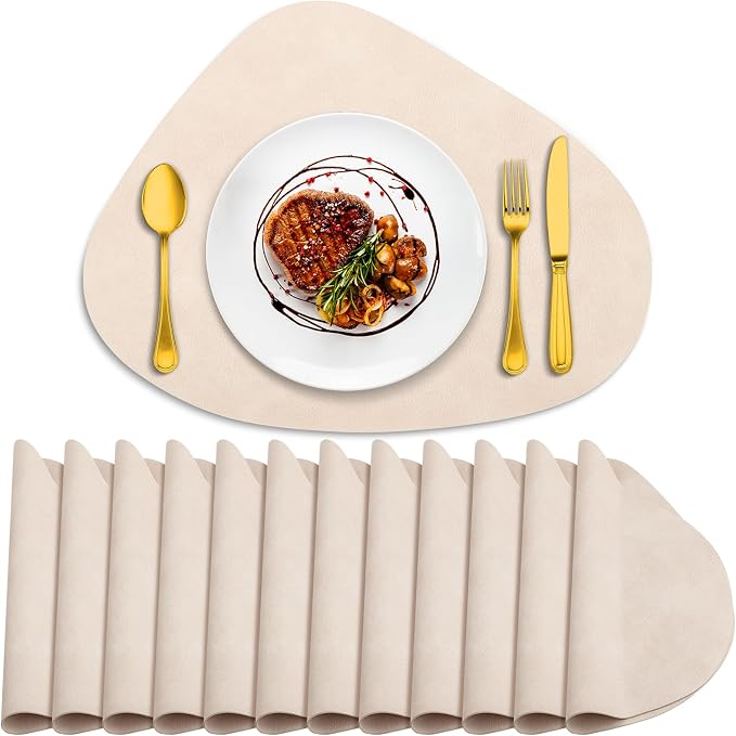 ADRIMER Placemats, Heat Resistant Round Placemats Set of 12 Washable 13 x 17 Inch, Waterproof Table Mats Wipeable for Kitchen, Dining Room Table Christmas Decor, Beige by Adrimersdreamistobeanindispensablecompanioninyourlife