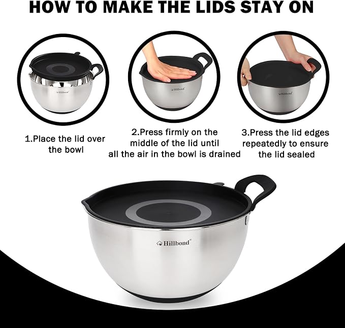Hillbond Stainless Steel Mixing Bowls with Lids Set, Set of 3, Black | mixing bowls with Pour Spout, Silicone Handle, Non-Slip Bottoms, Dishwasher Safe, Metal Mixing Bowls for baking - Image 5