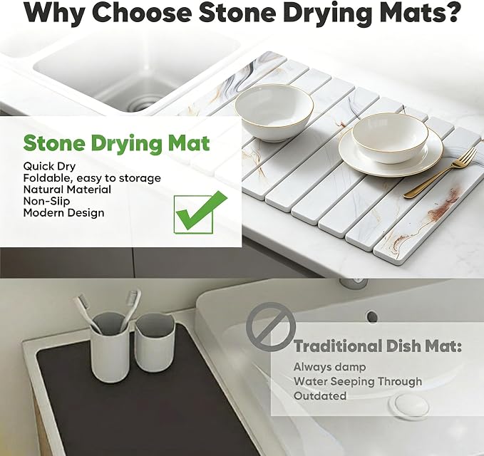 Stone Drying Mat for Kitchen Counter, Quick Diatomaceous Earth Mats for Dishes, 24"L x 16" W Super Absorbent Fast-Drying Collapsible Countertop Stone Mat (Marble White-05, 24" x 16") - Image 5