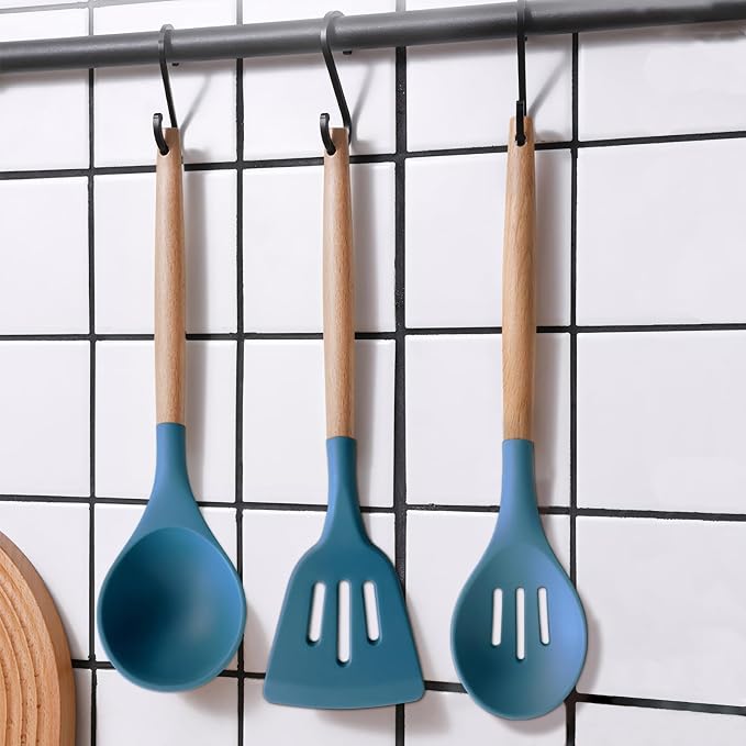 Silicone Cooking Utensils Set 6Pcs Heat Resistant Silicone Kitchen Utensils Set for Cooking Spatula Spoon Turner Ladle w Wooden Handle, BPA FREE Kitchen Gadgets for Nonstick Cookware & Baking - Image 8