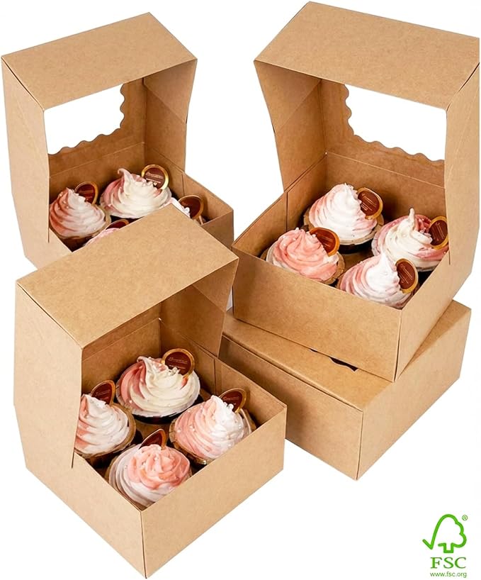 qiqee Auto-pop Up Cupcake Boxes with Window Brown 100PCS 4 Count Cupcake Box 6.3"x6.3"x3" Cupcakes Carrier, 4 Cupcake Containers - Image 3