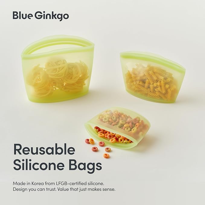 Blue Ginkgo Silicone Food Storage Bags, 4-Pack, Reusable, Made in Korea | Leakproof. Stand Up. Freezer and Dishwasher Safe. (Olive Green) - Image 2