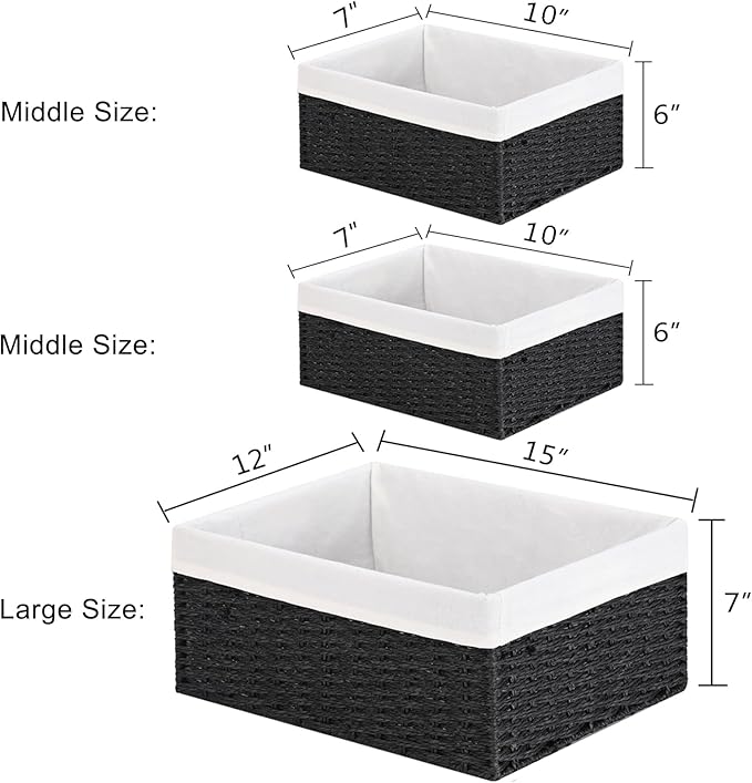 Storage Basket, 3-Pack Woven Paper Rope Wicker Baskets for Storage with Handles, 15 Inches Large Cube Storage Bins Woven Storage Baskets with Liners for Shelves Organizing & Decor, Black - Image 3