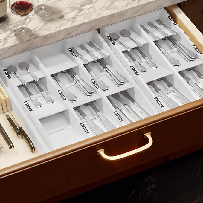 SpaceAid Bamboo Silverware Drawer Organizer with Labels, Kitchen Utensil Tray Holder Organizer for Flatware, Cutlery, Spoon and Knives Drawer Storage Organization (White, 6 Slots) - Image 6