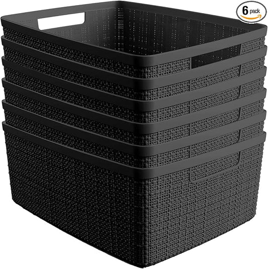 Curver Set of 6 Medium 12L Jute Decorative Plastic Organization and Storage Baskets - Perfect Bins for Home Office, Closet Shelves, Kitchen Pantry and All Bedroom Essentials, Black by Unknown