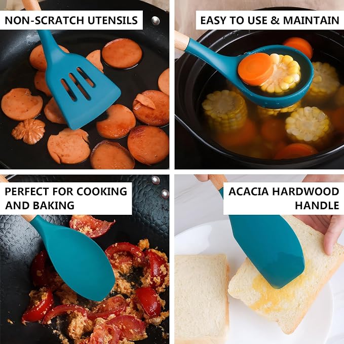 Silicone Kitchen Cooking Utensils Set 5Pcs Non-Stick Silicone Kitchen Utensils Set Spatula Spoon Turner Ladle with Wooden Handle, Heat Resistant Cooking Gadgets for Nonstick Cookware BPA-FREE - Image 4