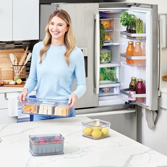iDesign Crisp 3-Piece Recycled Plastic Refrigerator Organizer Bin Set with Lids, Clear/Gray - Image 5