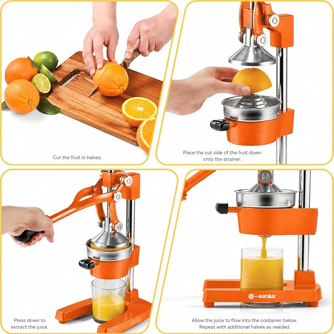 Eurolux Ultra-Premium Cast Iron Juicer | Extra-Large, Heavy Duty, Commercial Grade, Stainless Steel Manual Hand Press Citrus Squeezer For Fresh Orange Juice, Pomegranate, Lemon, and Much More (Orange) - Image 8