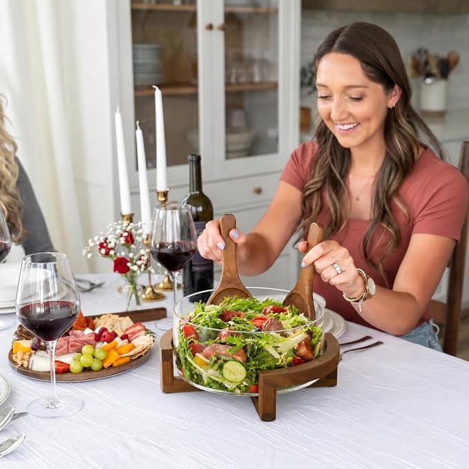 X-Large 6.5 L Glass Salad Bowl with Lid Set, Decorative Glass Mixing Bowl, Trifle and Serving Bowls with Lids as Cheese Charcuterie Board and Plate, Comes with Wood Serving Utensils - Image 3