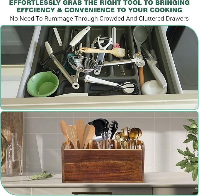 Kitchen Utensil Holder for Countertop with 3 Compartments，Acacia Wood Utensil Holder Cooking Spatula Organizer Large Cutlery Organizer for Kitchen Countertop Farmhouse Kitchen Decor - Image 6