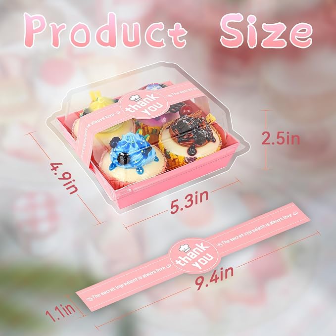 Pink Charcuterie Boxes with Clear Lids, 100 Bakery Containers | Food-Grade Material, Snug Fit, 5.3 x 4.9 x 2.5 in, Printed Bands, Dessert Takeout, Catering, Individual Portions - Image 2