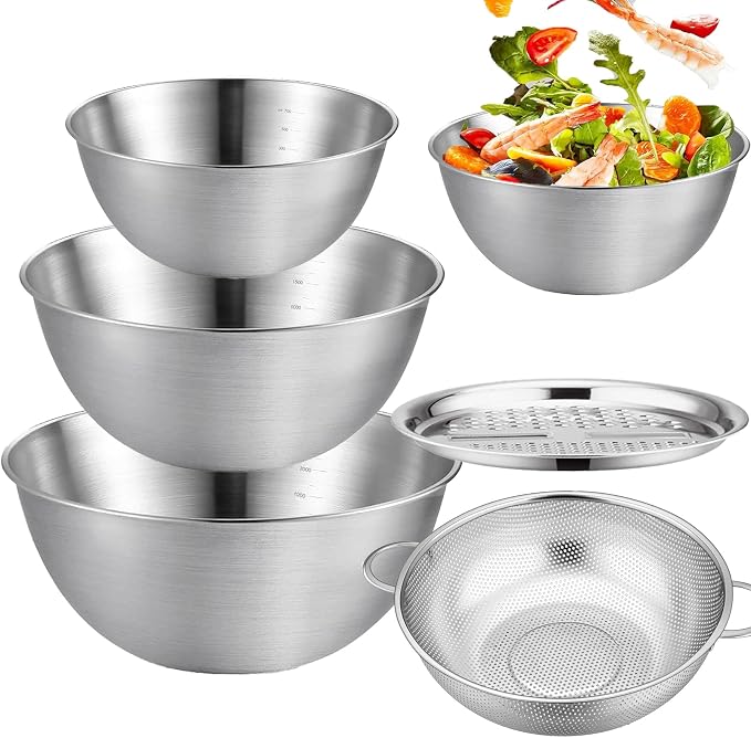 Mixing Bowls, Set of 3, Stainless Steel Bowl, Salad Bowl Set, Gourmet Bowl Set with Strainer and Grater Attachments, Serving Bowls, Snack Bowls and Bowls, Size 2.5 L, 2 L, 0.7 L, Stackable and by TuYines