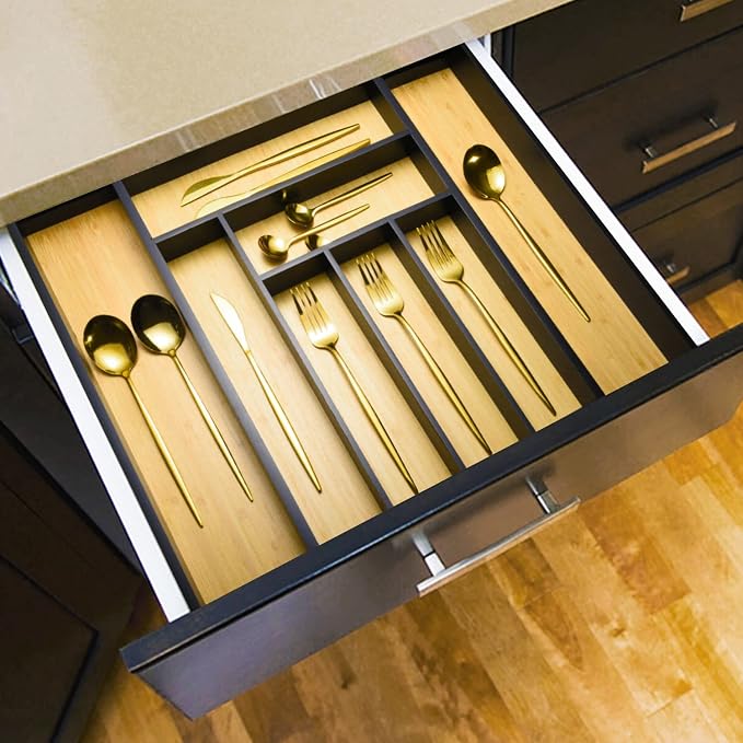 Bamboo drawer organizer, utensil holder, silverware organizer, and adjustable cutlery tray with drawer dividers, for kitchen, office desk, and bathroom storage (Black) - Image 3