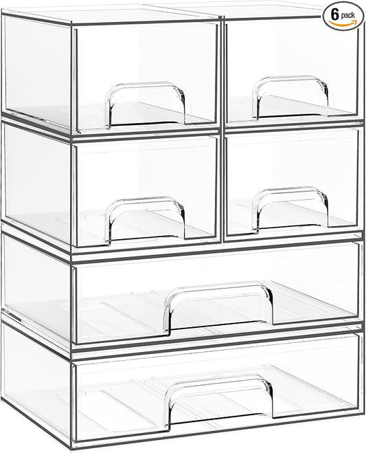 Stackable Storage Drawers, 6 Pack Clear Plastic Makeup & Bathroom Organizer, Versatile Storage Bins for Vanity, Under Sink, Kitchen Cabinets & Pantry by Criusia