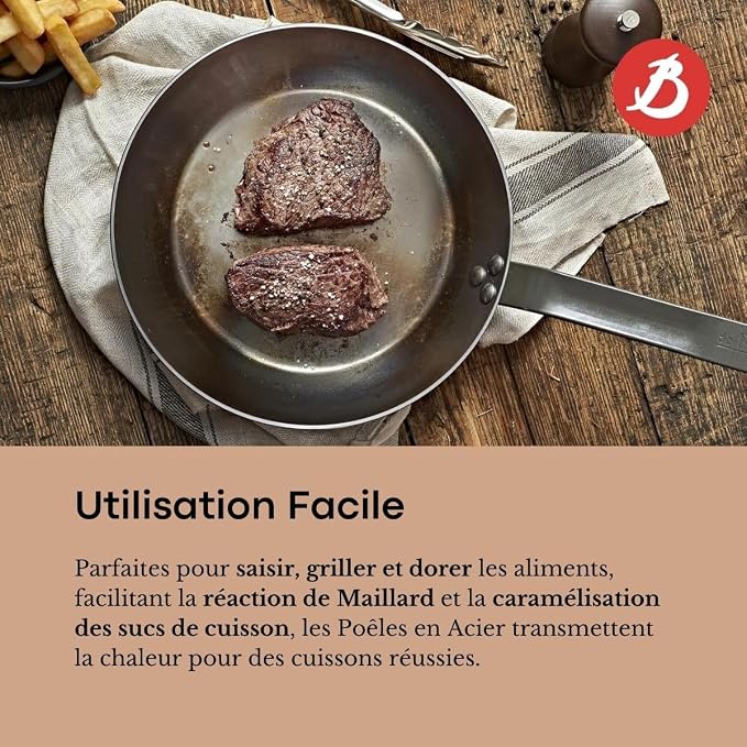 de Buyer MINERAL B Carbon Steel Fry Pan - 12.5” Diameter, 9” Cooking Surface - Ideal for Searing, Sauteing & Reheating - Naturally Non-Stick Finish - Made in France - Image 8