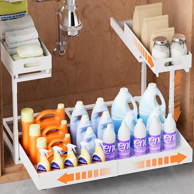 Upgrade 1 Pack Expandable Under Sink Organizer: 2-Tier Pull Out Cabinet with 3 Heavy-Duty Ball-Bearing Slide Rails, Tool-Free Height Adjustable, Slide-Out Drawers for Kitchen, Bathroom, Laundry by YJHome