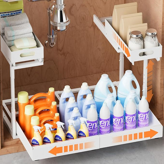 Upgrade 1 Pack Expandable Under Sink Organizer: 2-Tier Pull Out Cabinet with 3 Heavy-Duty Ball-Bearing Slide Rails, Tool-Free Height Adjustable, Slide-Out Drawers for Kitchen, Bathroom, Laundry by YJHome