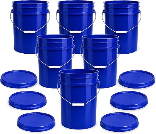 5 Gallon Bucket - Food Grade w/Lid BPA-Free,6 Pack - Blue | Airtight Gasketed Tear Strip Lid, Heavy-Duty 90 Mil HDPE Plastic Pail, Bulk Storage, Food Safe Durable Container, Made in USA by ePackageSupply